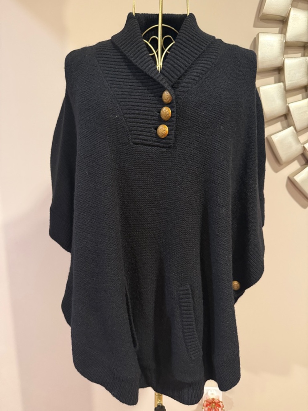 Ralph Lauren Black Shawl-Collar Button Sweater Poncho